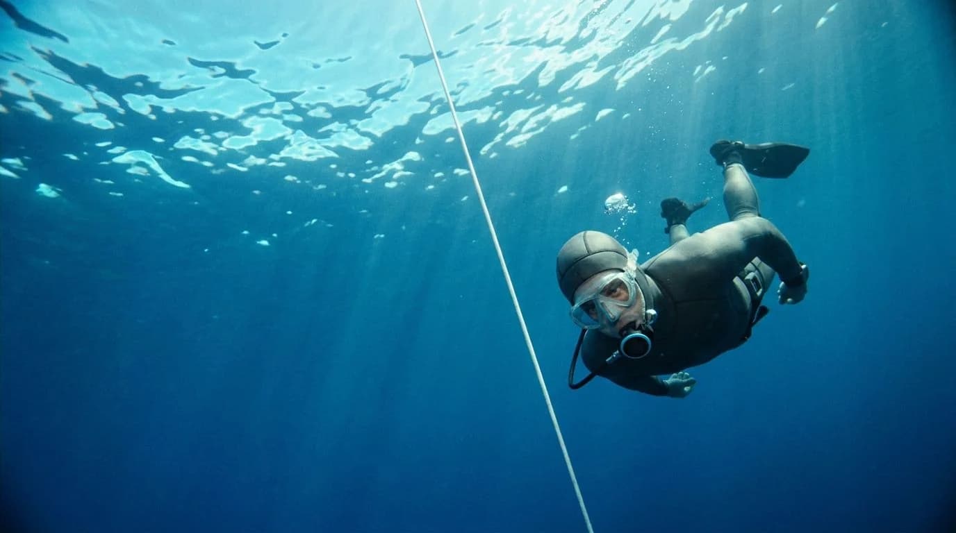 Diver descending alongside a vertical rope, regulator in mouth