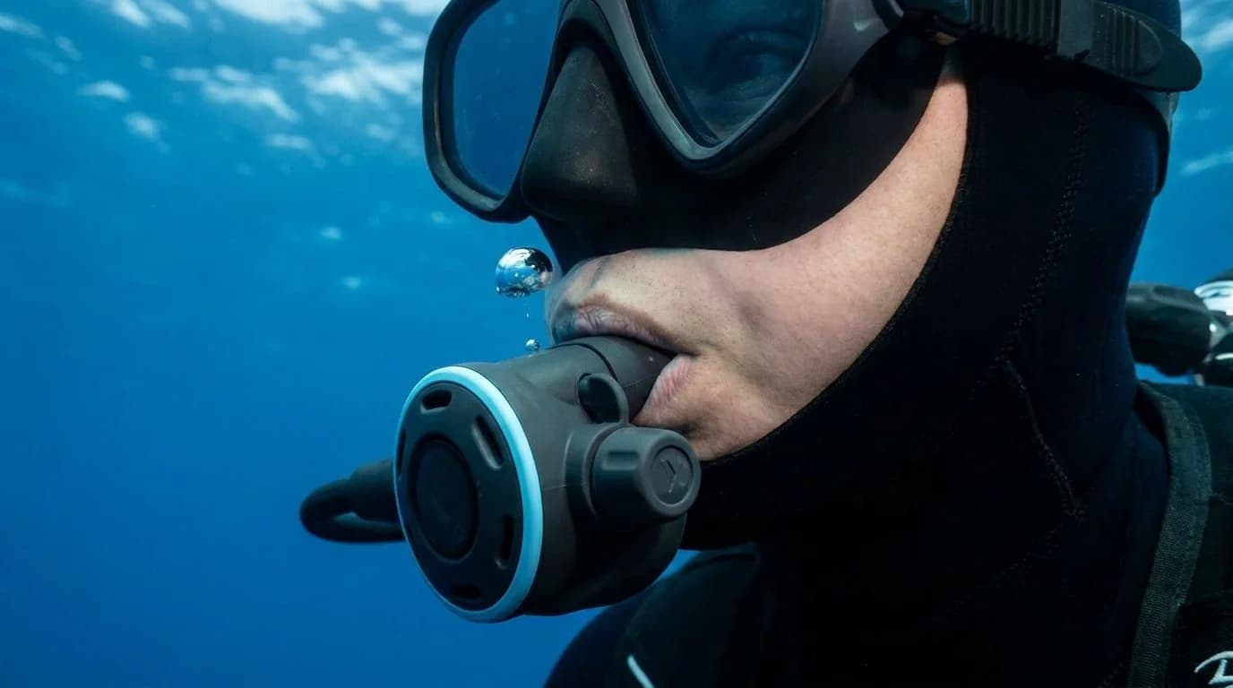 Diver with relaxed jaw on a custom Scuba Guard mouthpiece