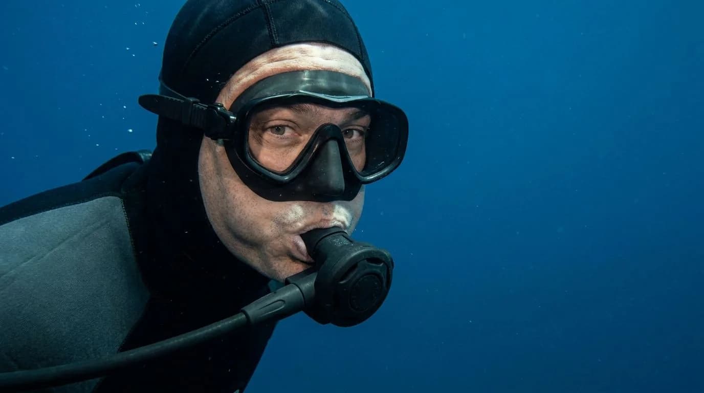 Diver with jaw clenched on a generic regulator mouthpiece